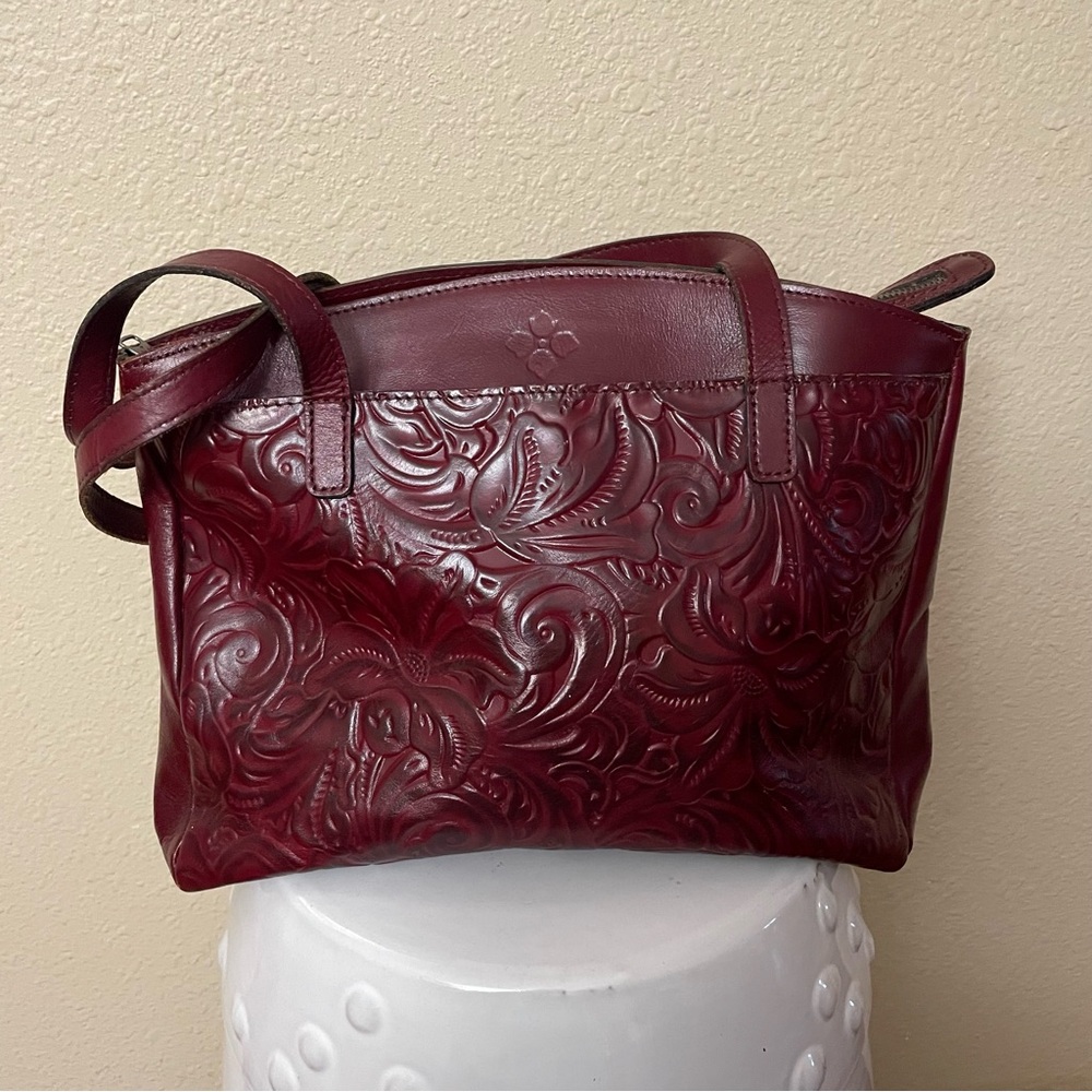 Patricia Nash Red Burgundy Varsi Leather Tote Bag‎ Purse Tooled Leather B46